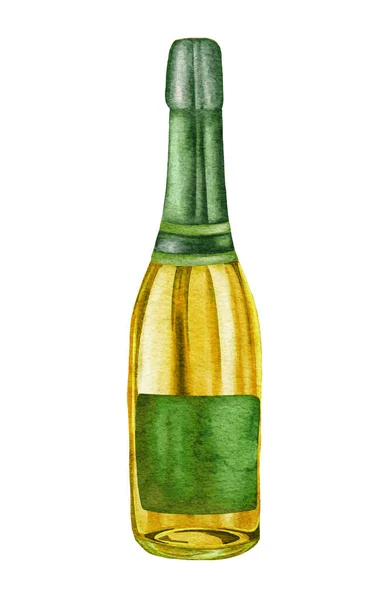 Garrafa de champanhe aquarela. Vinho espumante branco, bebida alcoólica ilustração bebida sobre fundo branco — Fotografia de Stock