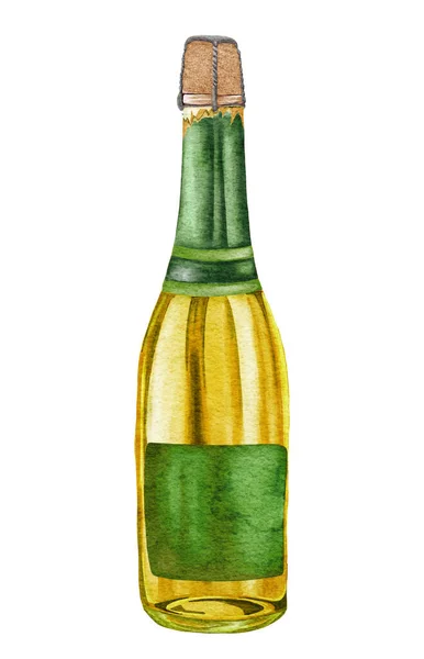 Láhev šampaňského. Bílé šumivé víno, alkoholický nápoj ilustrace na bílém pozadí — Stock fotografie