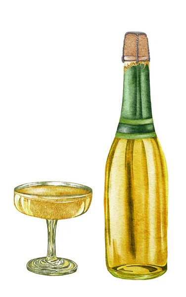 Bouteille de champagne aquarelle et verres. Vin mousseux blanc, illustration de boissons alcoolisées sur fond blanc — Photo