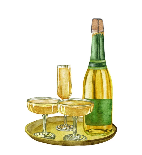 Acquerello bottiglia di champagne e bicchieri. Bianco spumante, bevanda alcolica bevanda illustrazione su sfondo bianco — Foto Stock