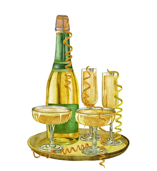 Acquerello bottiglia di champagne e bicchieri. Bianco spumante, bevanda alcolica bevanda illustrazione su sfondo bianco — Foto Stock