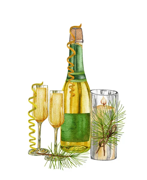 Acquerello bottiglia di champagne e bicchieri con decorazioni natalizie. Bianco spumante, bevanda alcolica bevanda illustrazione su sfondo bianco — Foto Stock