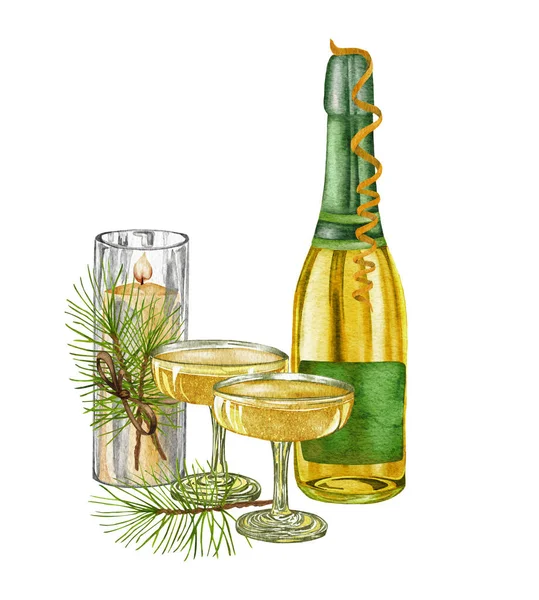 Acquerello bottiglia di champagne e bicchieri con decorazioni natalizie. Bianco spumante, bevanda alcolica bevanda illustrazione su sfondo bianco — Foto Stock