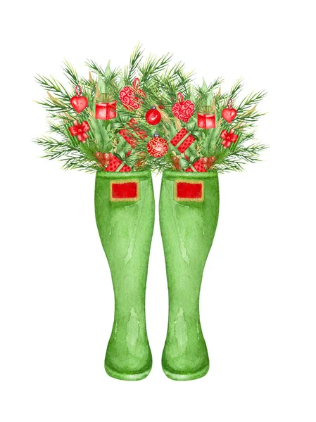 Akvarellszínű karácsonyi csizma karácsonyi dekorációval, fenyőfával és ajándékokkal az esőcsomagtartóban. Kézzel rajzolt illusztráció — Stock Fotó