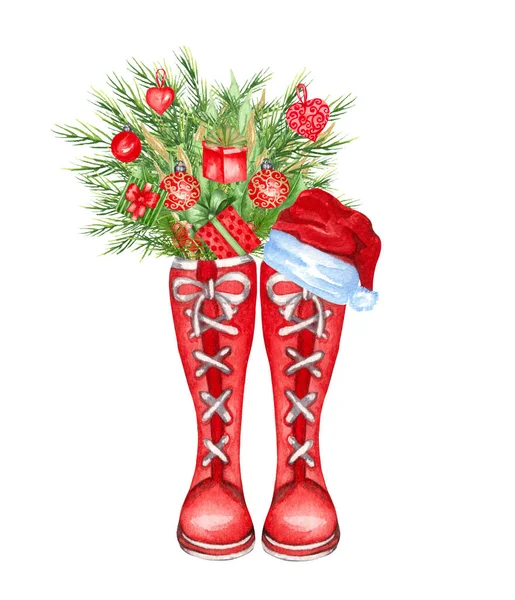 Акварель Рождественские сапоги с рождественскими украшениями, Сосна и подарки внутри ботинок дождя. Ручная иллюстрация — стоковое фото