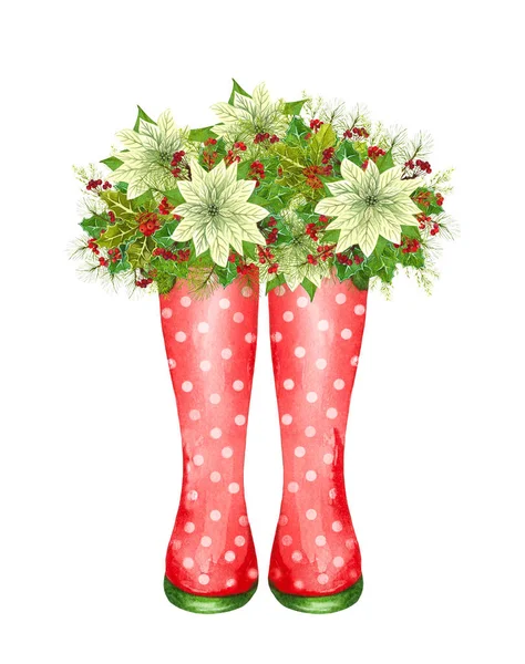 Υδατογραφία χριστουγεννιάτικες μπότες με χριστουγεννιάτικες διακοσμήσεις, πεύκο και δώρα μέσα μπότα βροχής. Χειροποίητη απεικόνιση — Φωτογραφία Αρχείου