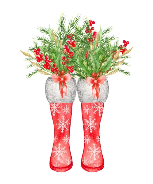 Botas de navidad acuarela con decoraciones navideñas, pino y regalos dentro de bota de lluvia. ilustración dibujada a mano —  Fotos de Stock