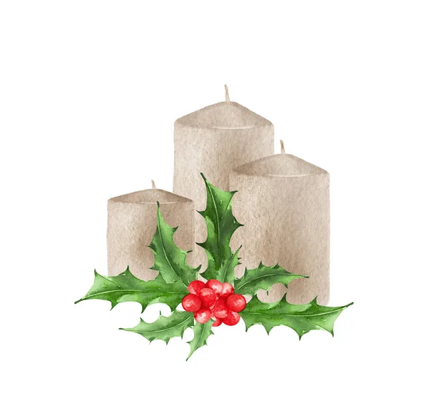 Acuarela Velas de Navidad. Una vela decorada con corona de Navidad —  Fotos de Stock