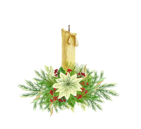 Acuarela Velas de Navidad. Una vela decorada con corona de Navidad —  Fotos de Stock