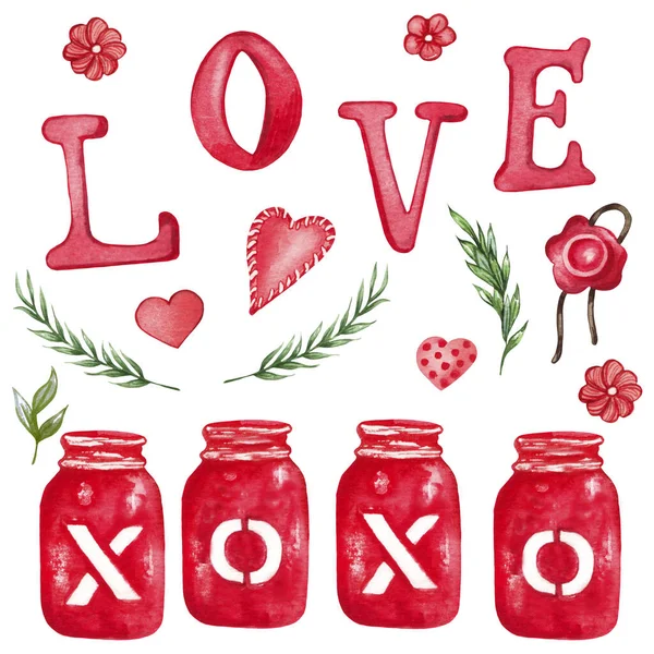 Watercolor Valentines Set of decorative elements. hearts, key, arrow, love letter, red ribbon. Love illustration — Foto Stock