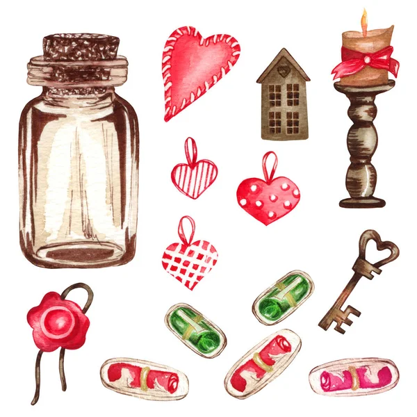 Suluboya sevgililer günü dekoratif elementler seti. Kalp, anahtar, ok, aşk mektubu, kırmızı kurdele. Aşk çizimi — Stok fotoğraf
