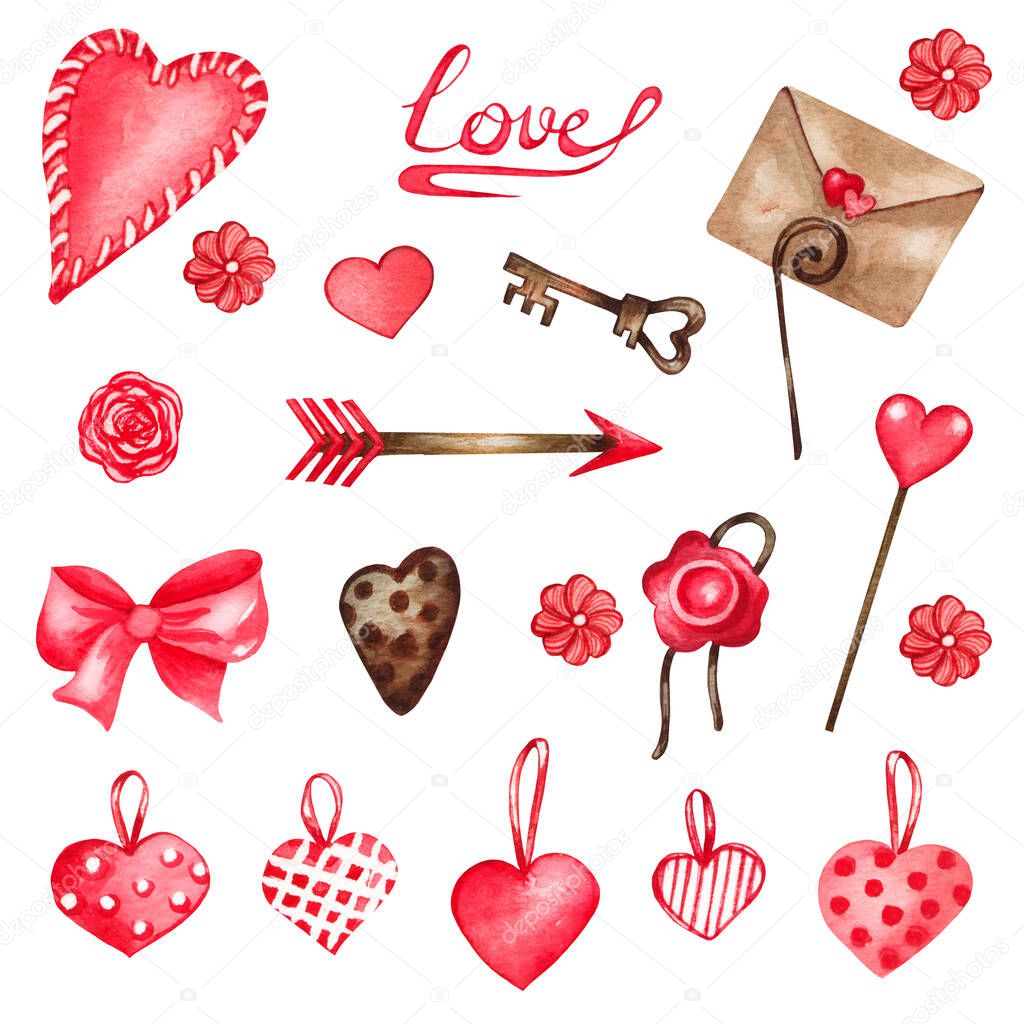 Watercolor Valentines Set of decorative elements. hearts, key, arrow, love letter, red ribbon. Love illustration