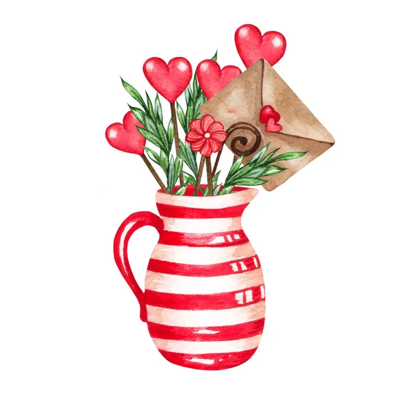 Aquarelle décorative rouge sauver avec des cœurs et des brindilles. Illusion Saint-Valentin — Photo