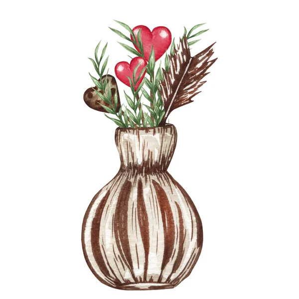 Akvarell barna dekoratív menteni a szív és gallyak. Valentin-napi illudtráció — Stock Fotó