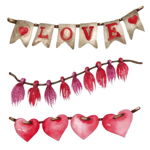 Valentijnsdag Hart Bunting. Aquarel romantische slinger — Stockfoto