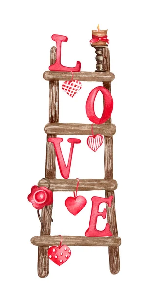 Watercolor decorative Ladder with hearts and Love letters. Valentines day illustration. Love concept — Foto Stock