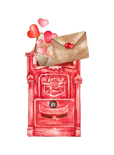 İçinde kalpler ve aşk mektupları olan suluboya posta kutusu. Sevgililer Günü illüstrasyonu. Aşk konsepti — Stok fotoğraf
