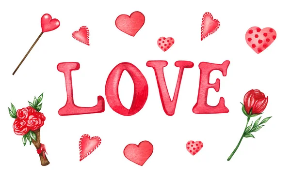 Watercolor Valentines Set of decorative elements. hearts, key, arrow, love letter, red ribbon. Love illustration — Foto Stock