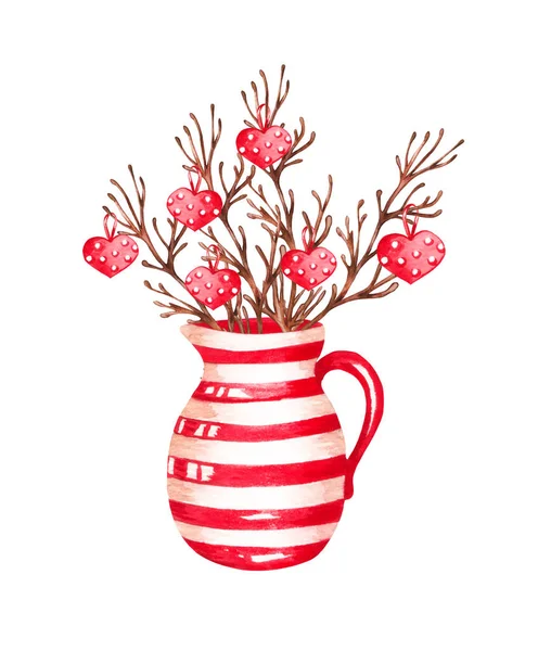 Kuru dalları ve kalpleri olan suluboya kırmızı dekoratif vazolar. Sevgililer Günü illüstrasyonu. — Stok fotoğraf