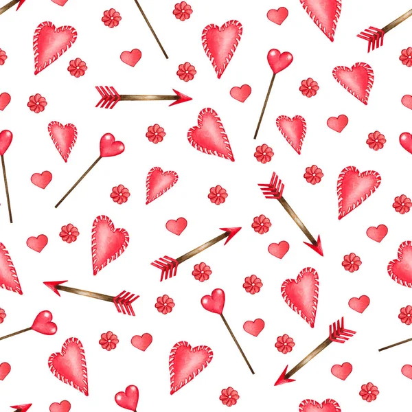 Watercolor seamless pattern of love elements, hearts, letters, arrow, buntings. Valentines seamless backgrouns for prints on fabric, paper, clothes. — Fotografia de Stock