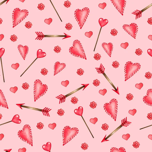 Watercolor seamless pattern of love elements, hearts, letters, arrow, buntings. Valentines seamless backgrouns for prints on fabric, paper, clothes. — Foto Stock