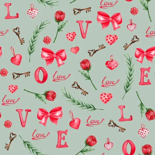 Watercolor seamless pattern of love elements, hearts, letters, arrow, buntings. Valentines seamless backgrouns for prints on fabric, paper, clothes. — Stockfoto