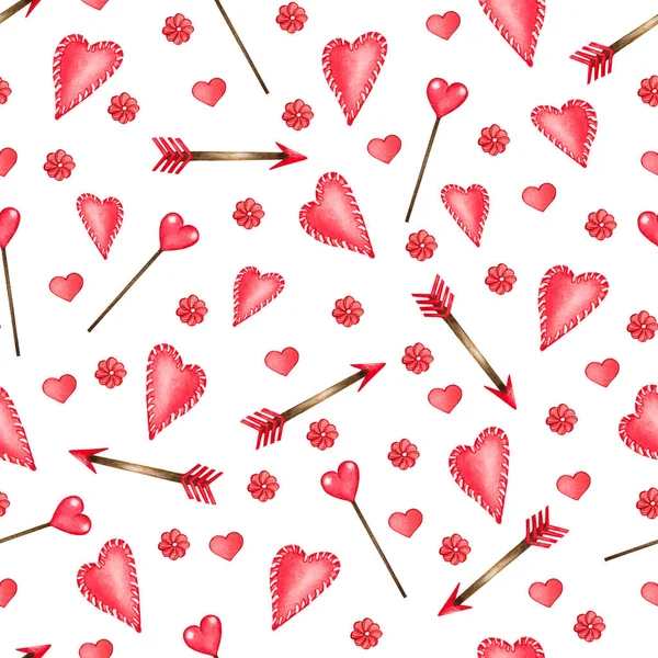 Watercolor seamless pattern of love elements, hearts, letters, arrow, buntings. Valentines seamless backgrouns for prints on fabric, paper, clothes. — Stock Photo, Image