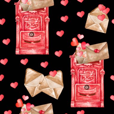 Aşk elementlerinin, kalplerin, harflerin, okların, kiraz kuşlarının suluboya desenleri. Sevgililer Günü 'nde kumaş, kağıt, kıyafet üzerindeki parmak izleri için kusursuz arka planlar..