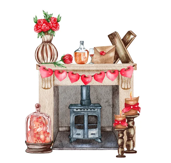 Υδατογραφία Ημέρα του Αγίου Βαλεντίνου σύνθεση σαλονιού με τζάκι, καρδιά, λουλούδια, buntings, κεριά. Ρομαντικό σπίτι εικονογράφηση. — Φωτογραφία Αρχείου