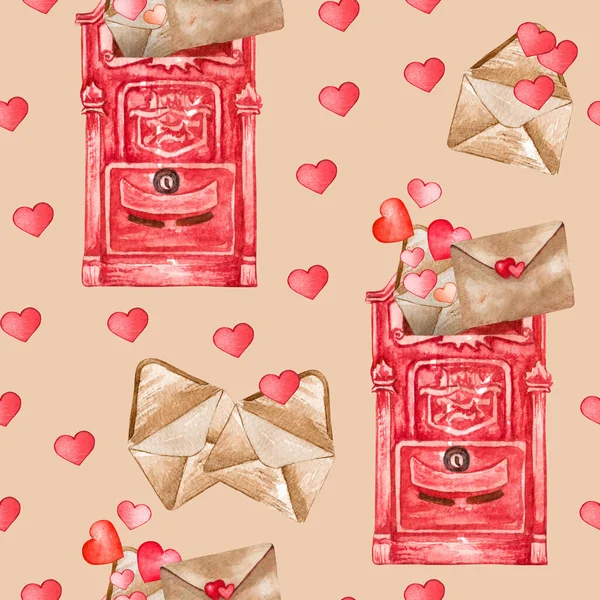 Aquarel naadloos patroon van liefdeselementen, harten, letters, pijlen, buntings. Valentines naadloze achtergronden voor prints op stof, papier, kleding. — Stockfoto