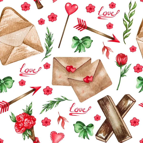 Watercolor seamless pattern of love elements, hearts, letters, arrow, buntings. Valentines seamless backgrouns for prints on fabric, paper, clothes. — Fotografia de Stock