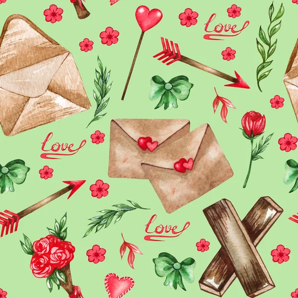 Aquarel naadloos patroon van liefdeselementen, harten, letters, pijlen, buntings. Valentines naadloze achtergronden voor prints op stof, papier, kleding. — Stockfoto