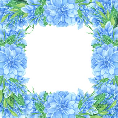 Mavi Dahlia, yaprakları, yeşillik, dalları, eğrelti yaprakları ve metin için yer ile suluboya çiçek çelenk. Kare Dahlia çiçekler çerçeve.