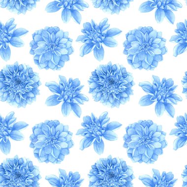 Beyaz arka planda dahlias veya şakayık ile Dikişsiz desen. Çiçekler, tomurcuklar ve suluboya ile çizilmiş yaprak el.