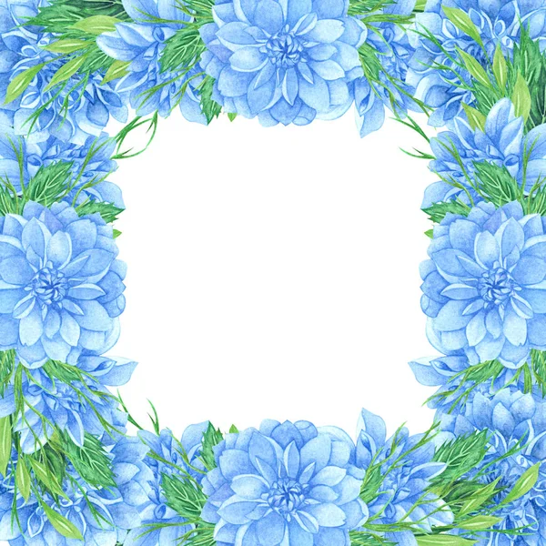 Watercolor floral wreath with blue dahlia, leaves, foliage, branches, fern leaves and place for your text. Square dahlia flowers frame. — Stock Photo, Image