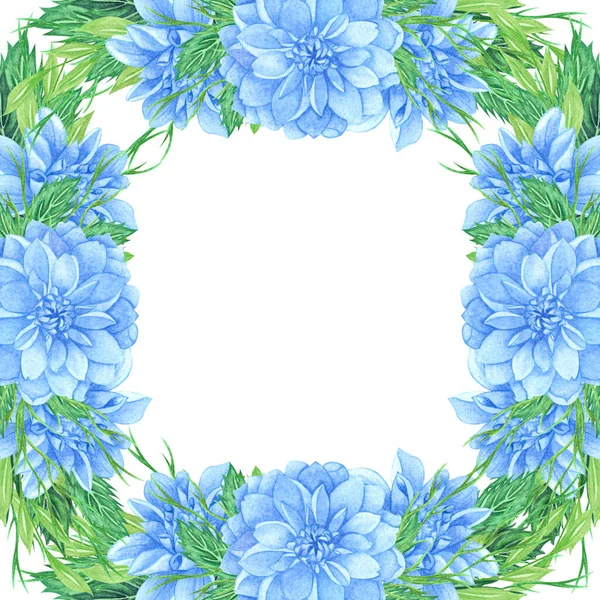 Watercolor floral wreath with blue dahlia, leaves, foliage, branches, fern leaves and place for your text. Square dahlia flowers frame. — Stock Photo, Image