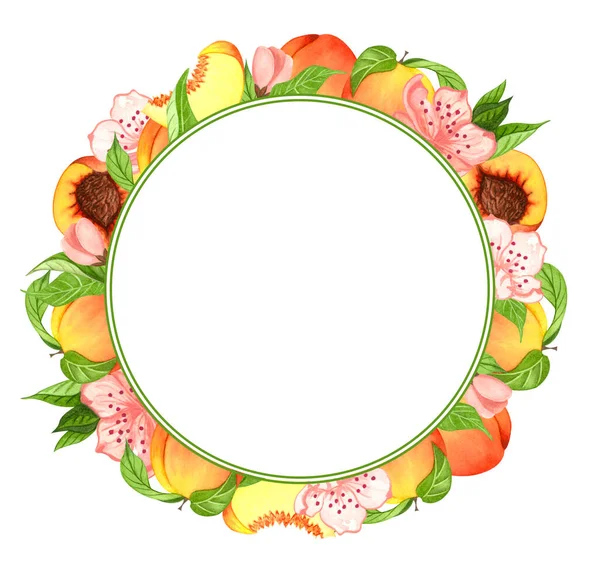 水色的花环，有桃子，叶子。手绘框架，果核和花卉 — 图库照片