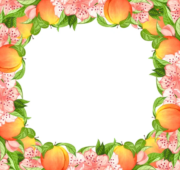 Akwarelowy wieniec z brzoskwiniami, liśćmi. Ręcznie rysowana rama z owocami i kwiatami — Zdjęcie stockowe
