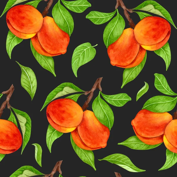 Seamless peach pattern with fruits, leaves, flowers background. Watercolor peach tree seamless background. — Stock Photo, Image