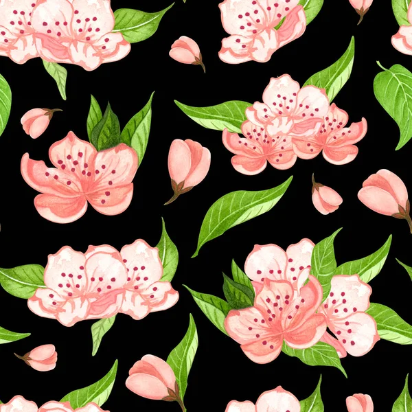 Nahtloses Aquarell-Blumenmuster - rosa Blüten, grüne Blätter. Perfekt für Verpackungen, Tapeten, Postkarten, Grußkarten, Hochzeitseinladungen — Stockfoto