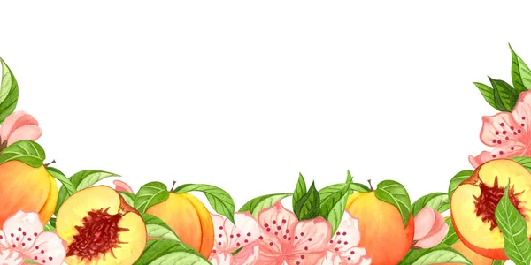 Corona de acuarela con melocotones, hojas. Marco dibujado a mano con fruta pech y flores —  Fotos de Stock