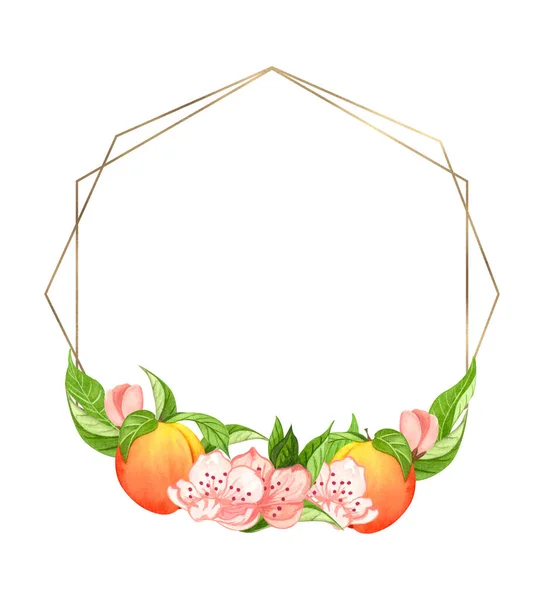 Aquarellkranz mit Pfirsichen, Blättern. Handgezeichneter Rahmen mit Birnenfrüchten und Blumen — Stockfoto