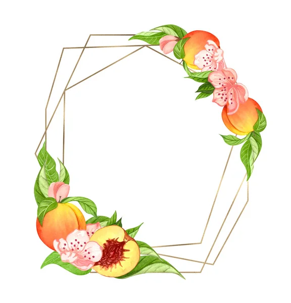Vodní věnec s broskvemi, listy. Ručně kreslený rám s pechu ovocem a květinami — Stock fotografie