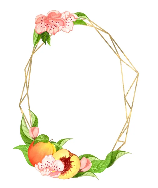 Watercolor wreath with peaches, leaves. Hand drawn frame with pech fruit and flowers — Stock Photo, Image