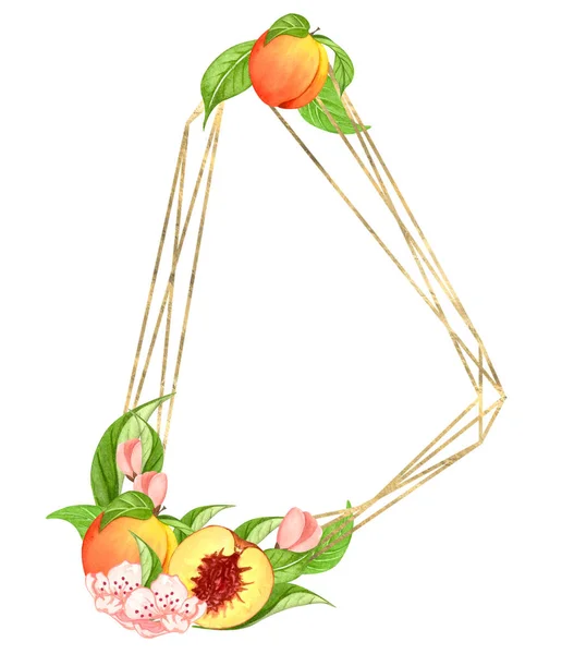 Akwarelowy wieniec z brzoskwiniami, liśćmi. Ręcznie rysowana rama z owocami i kwiatami — Zdjęcie stockowe