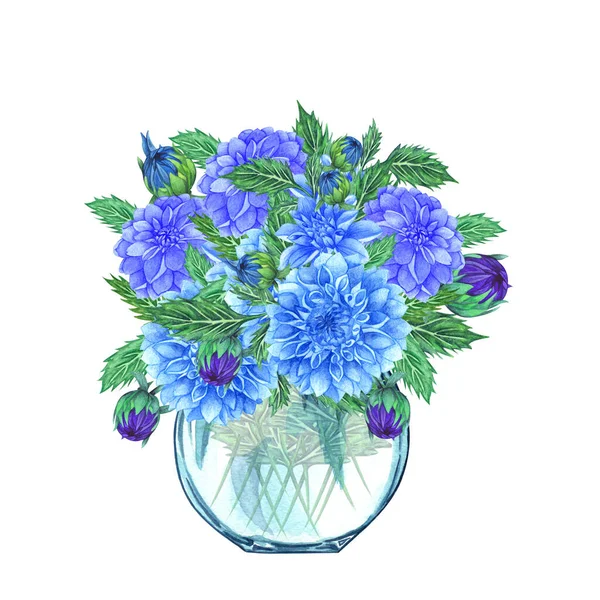 Watercolor glass vase with flower bouquet inside, hand drawn isolated on a white background. Watercolor illustration of jar with bouquet of dahlia flowers. — Stock Photo, Image