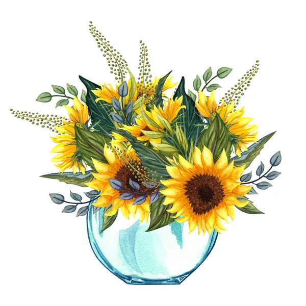 Vaso in vetro acquerello con bouquet di girasole all'interno, disegnato a mano isolato su sfondo bianco. Mazzo di fiori selvatici giallo estate — Foto Stock