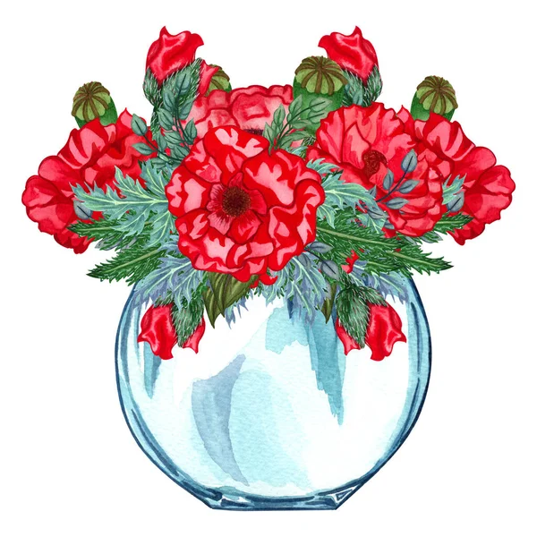 Skleněná váza akvarel s červenou kyticí uvnitř, ručně kreslené izolované na bílém pozadí. Akvarel ilustrace sklenice s kyticí červených máků. Letní kytice divokých květin — Stock fotografie