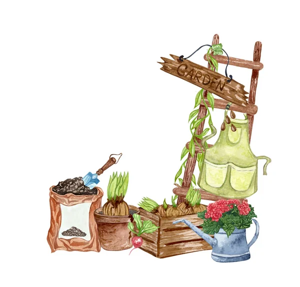 Akvarel sada zahradních objektů žebřík, květináč, kompost, zástěra, liana, semena. Zahradní nářadí. Jarní zahradní ilustrace. — Stock fotografie