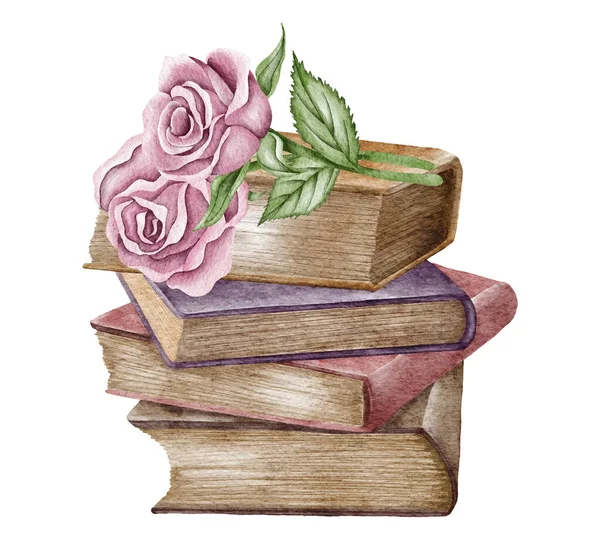 Suluboya klasik kompozisyonu. Farklı renklerde kapalı kitap yığını. Beyaz üzerine izole edilmiş çayır çiçekleri. El çizimi illüstrasyon — Stok fotoğraf